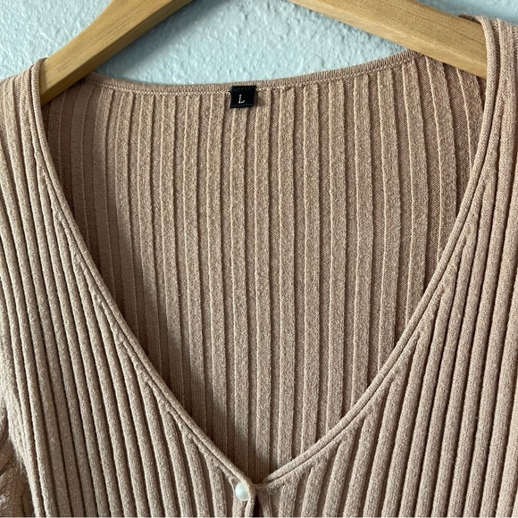 Tan Ribbed Cardigan Pearl Button Sweater Neutral Knit Layering Womens Size Large - Picture 2 of 4